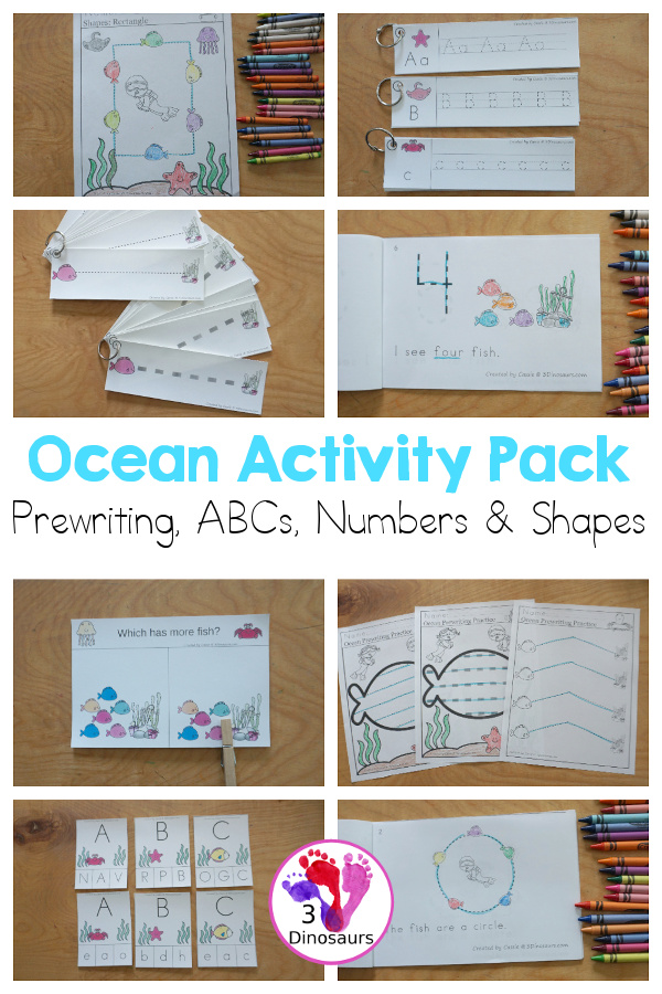 Ocean Activity Pack - Prewriting, ABCs, Shapes, & Numbers - 189 pages of activities with an ocean theme with easy reader books, clip cards, tracing strips and no-prep worksheets for kids in  prek and kindergarten - 3Dinosaurs.com