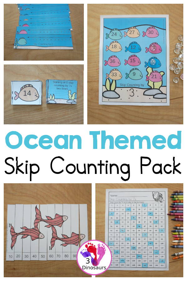 Ocean Skip Counting Set - with no-prep ocean worksheets, ocean skip counting mats, ocean skip counting 10 piece puzzles, and ocean task cards to work on skip counting from 2 to 12 - 3Dinosaurs.com