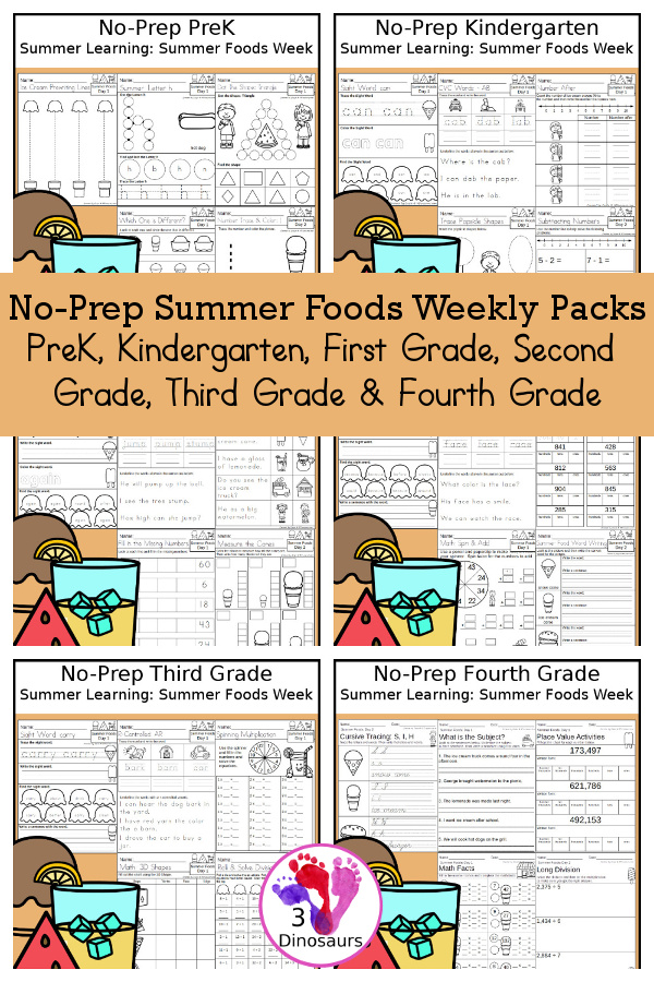 Summer Foods No-Prep Weekly Packs PreK, Kindergarten, First Grade, Second Grade, Third Grade & Fourth Grade with 5 days of activities to do for each grade level With loads of different exploring themes - You will find a mix of math, language, and more - These are easy to use packs for summer food activities, summer learning, homework, early finisher, and morning work. Easy no-prep printables for kids with four pages for each day - 3Dinosaurs.com