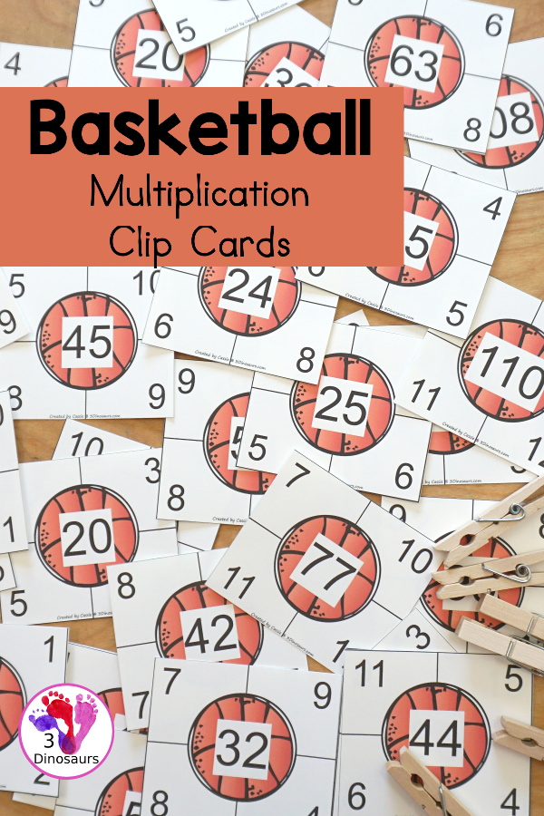 Free Basketball Multiplication Clip Cards with two numbers to clip that multiply to make the number in the middle. A great way to work on two factors for the product number in the middle. Multiplication 1 to 12 - 3Dinosaurs.com