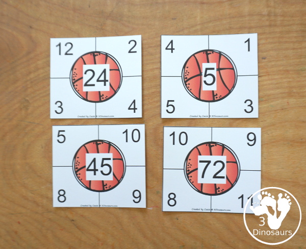 Free Basketball Multiplication Clip Cards with two numbers to clip that multiply to make the number in the middle. A great way to work on two factors for the product number in the middle. Multiplication 1 to 12 - 3Dinosaurs.com