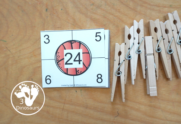 Free Basketball Multiplication Clip Cards with two numbers to clip that multiply to make the number in the middle. A great way to work on two factors for the product number in the middle. Multiplication 1 to 12 - 3Dinosaurs.com