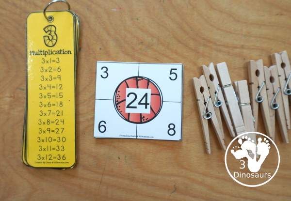 Free Basketball Multiplication Clip Cards with two numbers to clip that multiply to make the number in the middle. A great way to work on two factors for the product number in the middle. Multiplication 1 to 12 - 3Dinosaurs.com