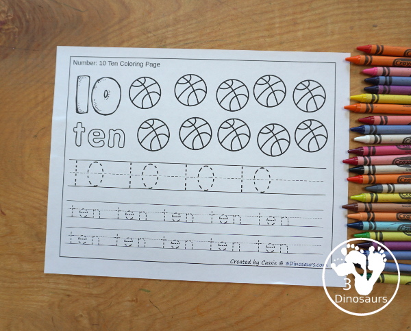 Free Basketball Number Color & Trace - Numbers o to 10 with counting the Basketball- and tracing the number and number word for each number with 11 pages of printables for prek and kindergarten - 3Dinosaurs.com