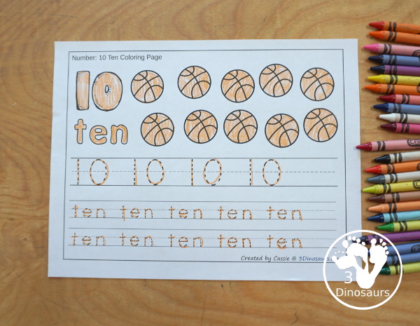 Free Basketball Number Color & Trace - Numbers o to 10 with counting the Basketball- and tracing the number and number word for each number with 11 pages of printables for prek and kindergarten - 3Dinosaurs.com