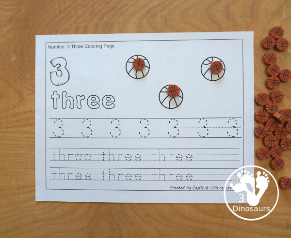 Free Basketball Number Color & Trace - Numbers o to 10 with counting the Basketball- and tracing the number and number word for each number with 11 pages of printables for prek and kindergarten - 3Dinosaurs.com