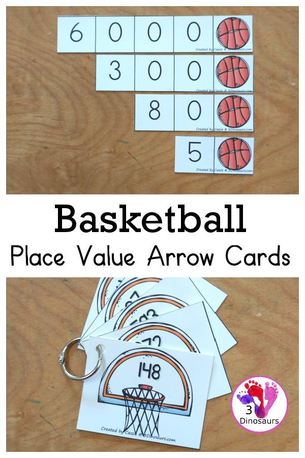 Free Basketball Place Value Arrow Cards - you have place value task cards with basketball place value arrow cards to build the numbers on the task cards. You have place value for thousands, hundreds, and ones. - 3Dinosaurs.com