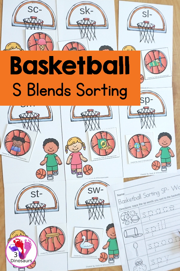 Free Basketball S Blends Sorting Printable - with sorting mats, basketballs with blend pictures and s blend word tracing worksheets. A great beginning blend printable for kids. - 3Dinosaurs.com