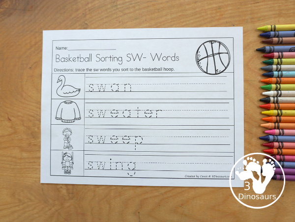 Free Basketball S Blends Sorting Printable - with sorting mats, basketballs with blend pictures and s blend word tracing worksheets. A great beginning blend printable for kids. - 3Dinosaurs.com