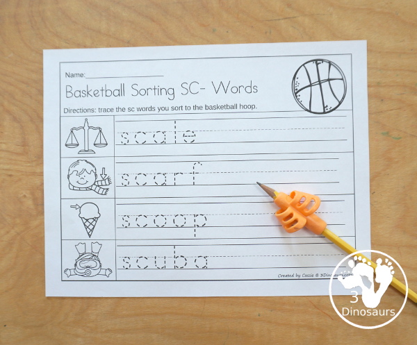 Free Basketball S Blends Sorting Printable - with sorting mats, basketballs with blend pictures and s blend word tracing worksheets. A great beginning blend printable for kids. - 3Dinosaurs.com