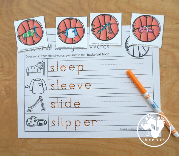 Free Basketball S Blends Sorting Printable - with sorting mats, basketballs with blend pictures and s blend word tracing worksheets. A great beginning blend printable for kids. - 3Dinosaurs.com