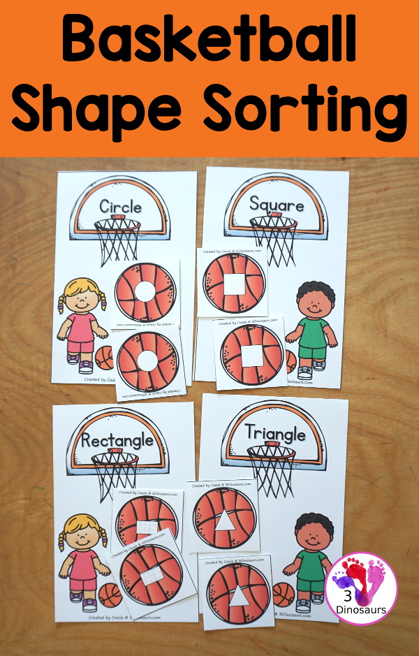 Free Basketball Shape Sorting Printable  has sorting for four shapes: circle, square, triangle, rectangle. There are four sorting mats and 6 basketballs for each mat to sort  - 3Dinosaurs.com