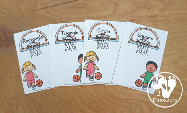 Free Basketball Shape Sorting Printable  has sorting for four shapes: circle, square, triangle, rectangle. There are four sorting mats and 6 basketballs for each mat to sort  - 3Dinosaurs.com