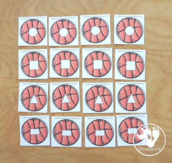 Free Basketball Shape Sorting Printable  has sorting for four shapes: circle, square, triangle, rectangle. There are four sorting mats and 6 basketballs for each mat to sort  - 3Dinosaurs.com