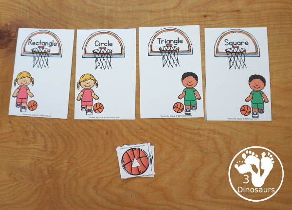 Free Basketball Shape Sorting Printable  has sorting for four shapes: circle, square, triangle, rectangle. There are four sorting mats and 6 basketballs for each mat to sort  - 3Dinosaurs.com