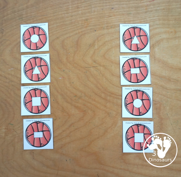 Free Basketball Shape Sorting Printable  has sorting for four shapes: circle, square, triangle, rectangle. There are four sorting mats and 6 basketballs for each mat to sort  - 3Dinosaurs.com