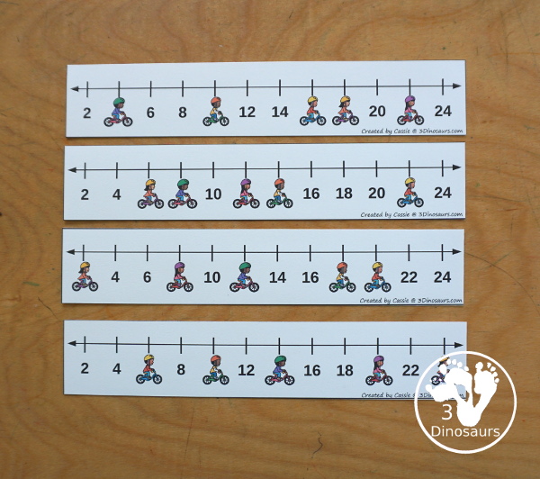 Free Bike Skip Counting Number Line Printables - skip counting number line strips with 2 skip counting. With kids on bikes covering some of the numbers. With four skip counting strips for each number and a matching worksheet to record the numbers.- 3Dinosaurs.com