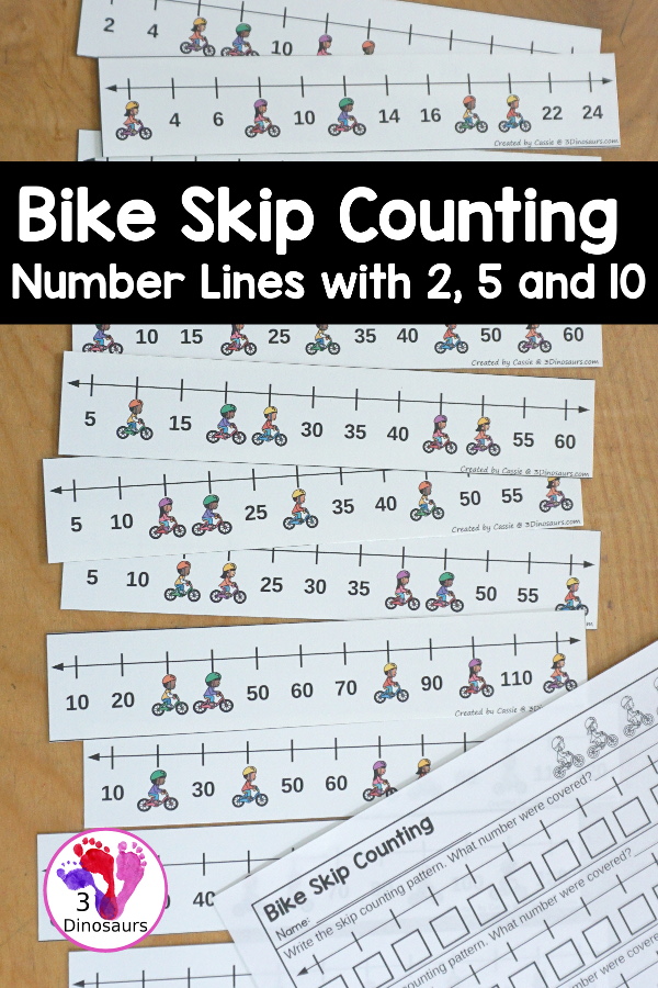 Free Bike Skip Counting Number Line Printables - skip counting number line strips with 2, 5 and 10 skip counting. With kids on bikes covering some of the numbers. With four skip counting strips for each number and a matching worksheet to record the numbers.- 3Dinosaurs.com