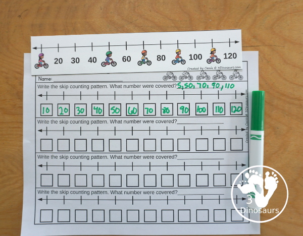 Free Bike Skip Counting Number Line Printables - skip counting number line strips with 2, 5 and 10 skip counting. With kids on bikes covering some of the numbers. With four skip counting strips for each number and a matching worksheet to record the numbers.- 3Dinosaurs.com