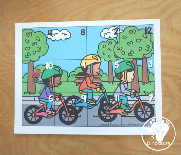 Free Cycling Addition Puzzle Printable is a fun 12 piece puzzle that kids work on addition from 1 to 12. The cycling addition puzzle has a puzzle mat and puzzle pieces - 3Dinosaurs.com