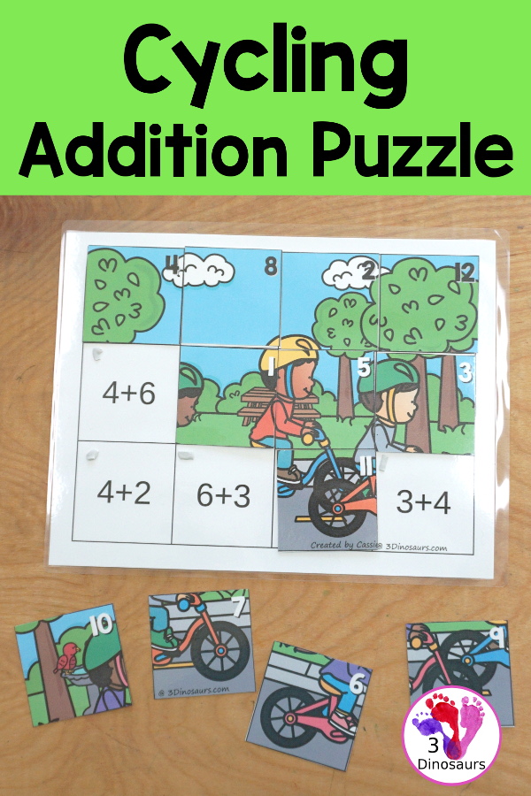 Free Cycling Addition Puzzle Printable is a fun 12 piece puzzle that kids work on addition from 1 to 12. The cycling addition puzzle has a puzzle mat and puzzle pieces - 3Dinosaurs.com