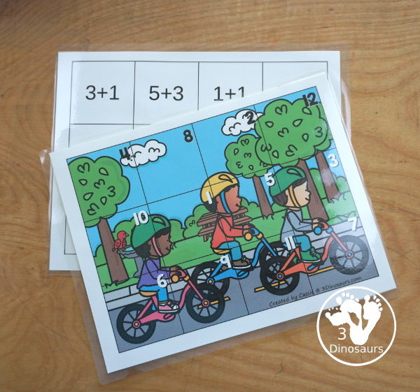 Free Cycling Addition Puzzle Printable is a fun 12 piece puzzle that kids work on addition from 1 to 12. The cycling addition puzzle has a puzzle mat and puzzle pieces - 3Dinosaurs.com