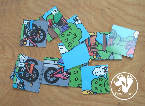 Free Cycling Addition Puzzle Printable is a fun 12 piece puzzle that kids work on addition from 1 to 12. The cycling addition puzzle has a puzzle mat and puzzle pieces - 3Dinosaurs.com