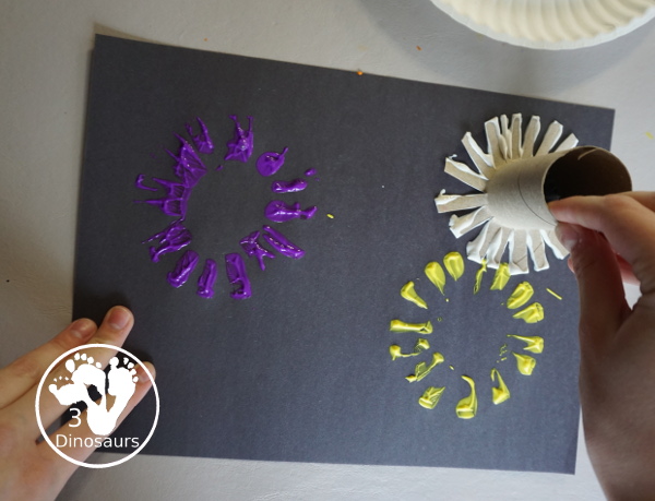 Paper Roll Painted Fireworks - a simple and fun painted activity with paper rolls and paint to make fireworks painting - 3Dinosaurs.com