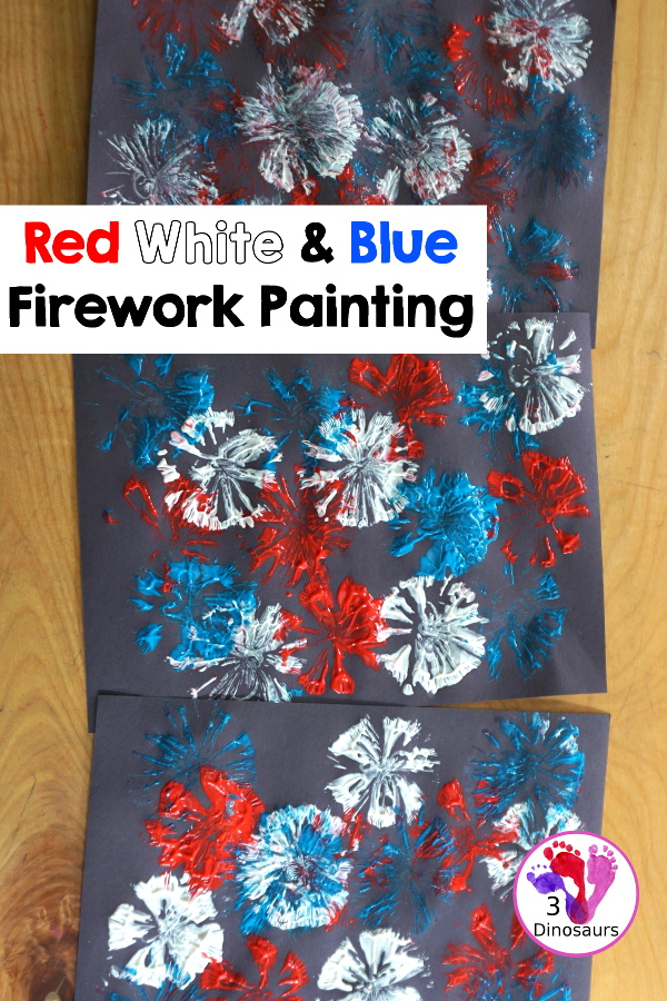 Red White and Blue Firework Painting - a fun painting to do for the Fourth of July with red, white and blue colors on black paper - 3Dinosaurs.com