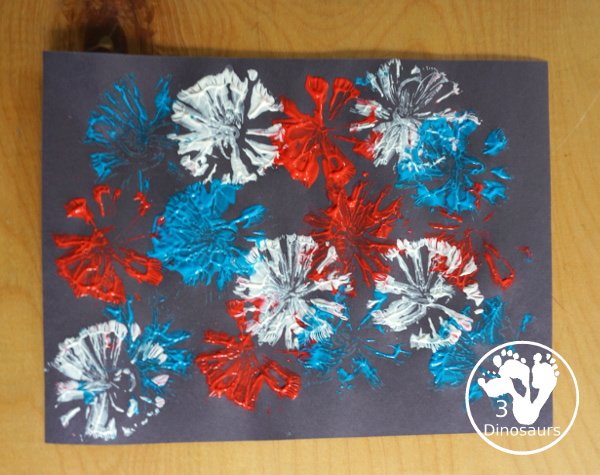 Red White and Blue Firework Painting - a fun painting to do for the Fourth of July with red, white and blue colors on black paper - 3Dinosaurs.com