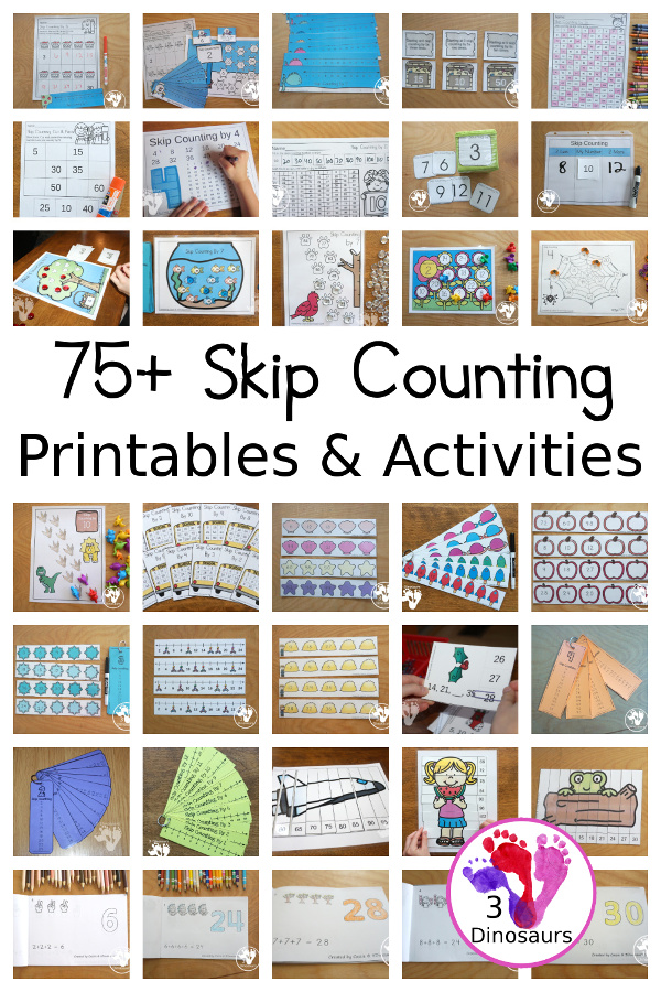 75+ Skip Counting Printables & Activities For Kids - All fun ways to work on skip counting activities with various levels and ideas like skip counting puzzles, skip counting books, skip counting mats and more - 3Dinosaurs.com