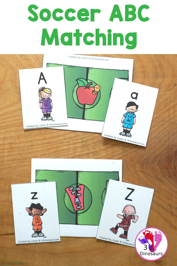 Free Soccer ABC Matching Printable - Beginning Sounds & Letter Matching with uppercase and lowercase letters and pictures on soccer fields with beginning sound to match the letters - 3Dinosaurs.com