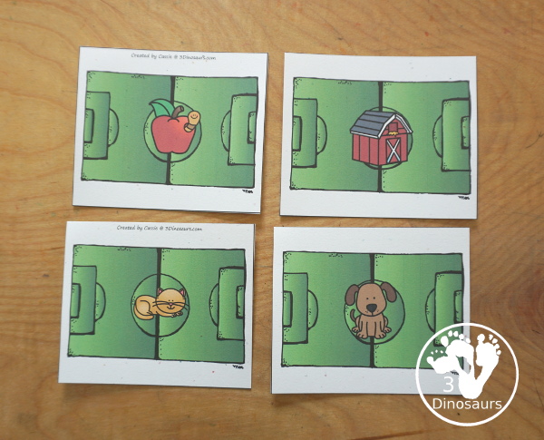 Free Soccer ABC Matching Printable - Beginning Sounds & Letter Matching with uppercase and lowercase letters and pictures on soccer fields with beginning sound to match the letters - 3Dinosaurs.com