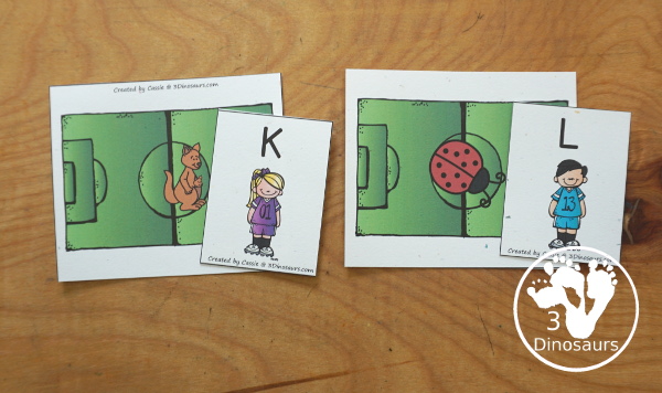 Free Soccer ABC Matching Printable - Beginning Sounds & Letter Matching with uppercase and lowercase letters and pictures on soccer fields with beginning sound to match the letters - 3Dinosaurs.com