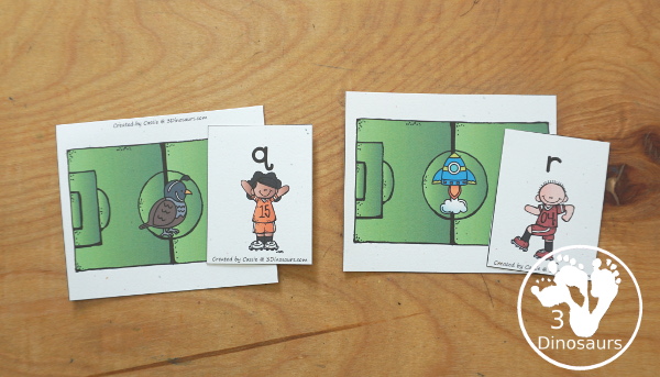 Free Soccer ABC Matching Printable - Beginning Sounds & Letter Matching with uppercase and lowercase letters and pictures on soccer fields with beginning sound to match the letters - 3Dinosaurs.com