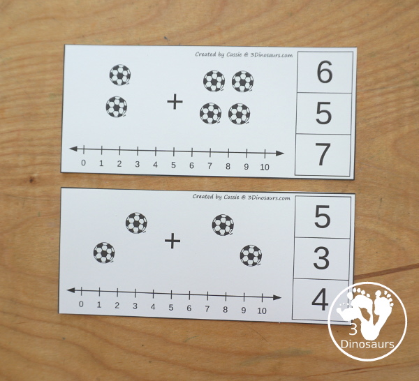 Free Soccer Addition Clip Card Printables: Addition 1 to 10 - with addition done with soccer balls and clip the answers on the side with a number line below to help with the addition. - 3Dinosaurs.com