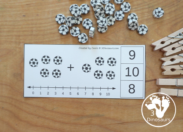 Free Soccer Addition Clip Card Printables: Addition 1 to 10 - with addition done with soccer balls and clip the answers on the side with a number line below to help with the addition. - 3Dinosaurs.com