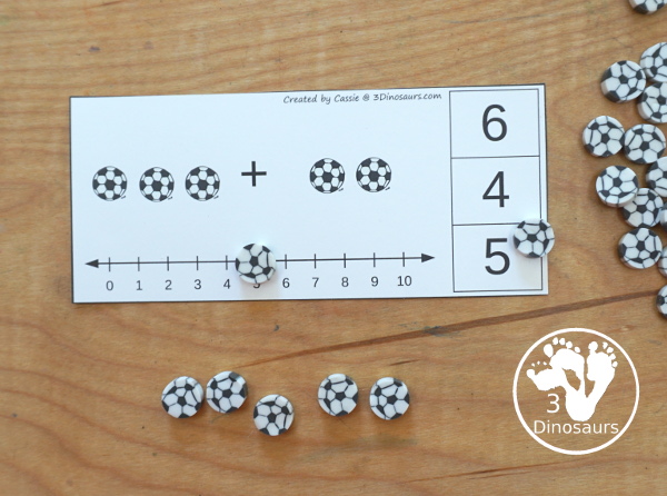 Free Soccer Addition Clip Card Printables: Addition 1 to 10 - with addition done with soccer balls and clip the answers on the side with a number line below to help with the addition. - 3Dinosaurs.com