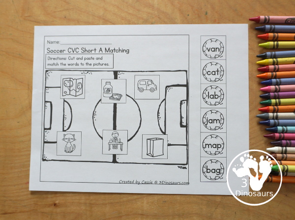 Free Soccer CVC Short Vowel Cut & Paste Printable - with short a, short e, short i, short o, and short u worksheets pages to cut and paste the word to the picture on the soccer field - 3Dinosaurs.com