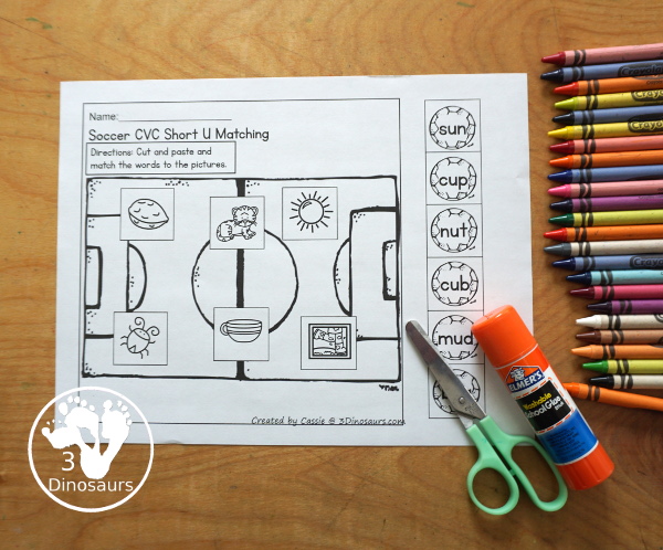 Free Soccer CVC Short Vowel Cut & Paste Printable - with short a, short e, short i, short o, and short u worksheets pages to cut and paste the word to the picture on the soccer field - 3Dinosaurs.com