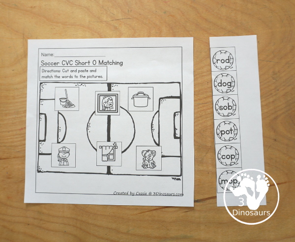 Free Soccer CVC Short Vowel Cut & Paste Printable - with short a, short e, short i, short o, and short u worksheets pages to cut and paste the word to the picture on the soccer field - 3Dinosaurs.com