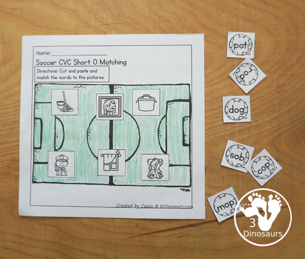 Free Soccer CVC Short Vowel Cut & Paste Printable - with short a, short e, short i, short o, and short u worksheets pages to cut and paste the word to the picture on the soccer field - 3Dinosaurs.com