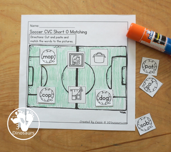 Free Soccer CVC Short Vowel Cut & Paste Printable - with short a, short e, short i, short o, and short u worksheets pages to cut and paste the word to the picture on the soccer field - 3Dinosaurs.com