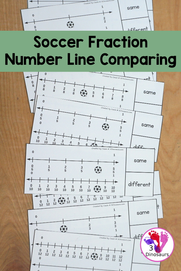 Free Soccer Fractions Number Line Comparing Printable - You have two number lines on each clip card with soccer covering a fraction. You clip is the fraction is the same or different. Plus there is a recording sheet - comes in soccer and football wording - 3Dinosaurs.com