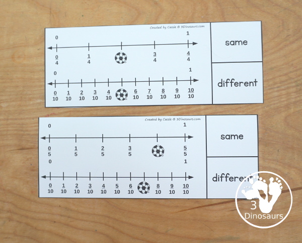 Free Soccer Fractions Number Line Comparing Printable - You have two number lines on each clip card with soccer covering a fraction. You clip is the fraction is the same or different. Plus there is a recording sheet - comes in soccer and football wording - 3Dinosaurs.com