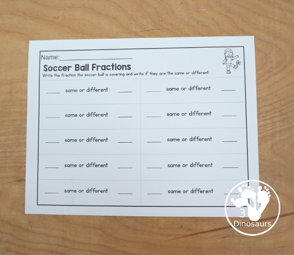 Free Soccer Fractions Number Line Comparing Printable - You have two number lines on each clip card with soccer covering a fraction. You clip is the fraction is the same or different. Plus there is a recording sheet - comes in soccer and football wording - 3Dinosaurs.com