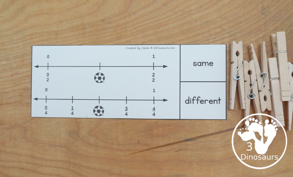 Free Soccer Fractions Number Line Comparing Printable - You have two number lines on each clip card with soccer covering a fraction. You clip is the fraction is the same or different. Plus there is a recording sheet - comes in soccer and football wording - 3Dinosaurs.com