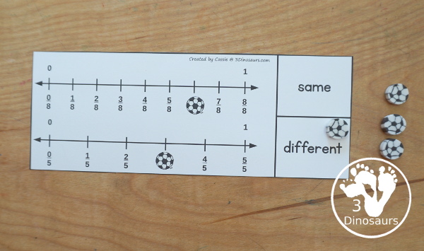 Free Soccer Fractions Number Line Comparing Printable - You have two number lines on each clip card with soccer covering a fraction. You clip is the fraction is the same or different. Plus there is a recording sheet - comes in soccer and football wording - 3Dinosaurs.com