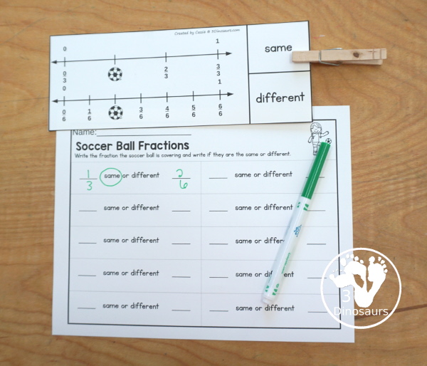 Free Soccer Fractions Number Line Comparing Printable - You have two number lines on each clip card with soccer covering a fraction. You clip is the fraction is the same or different. Plus there is a recording sheet - comes in soccer and football wording - 3Dinosaurs.com