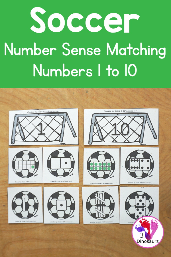 Free Soccer Number Sense Sorting with Numbers 1 to 10 - soccer nets with numbers and soccer balls with tally marks, dominos, ten frames, and dice for sorting. A great kindergarten number printable  - 3Dinosaurs.com